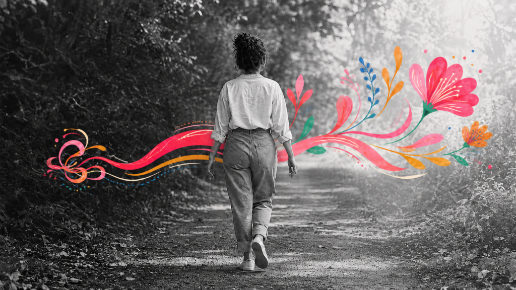 Femme avançant sur un chemin, accompagnée d’illustrations colorées symbolisant le passage de la confusion vers l’épanouissement