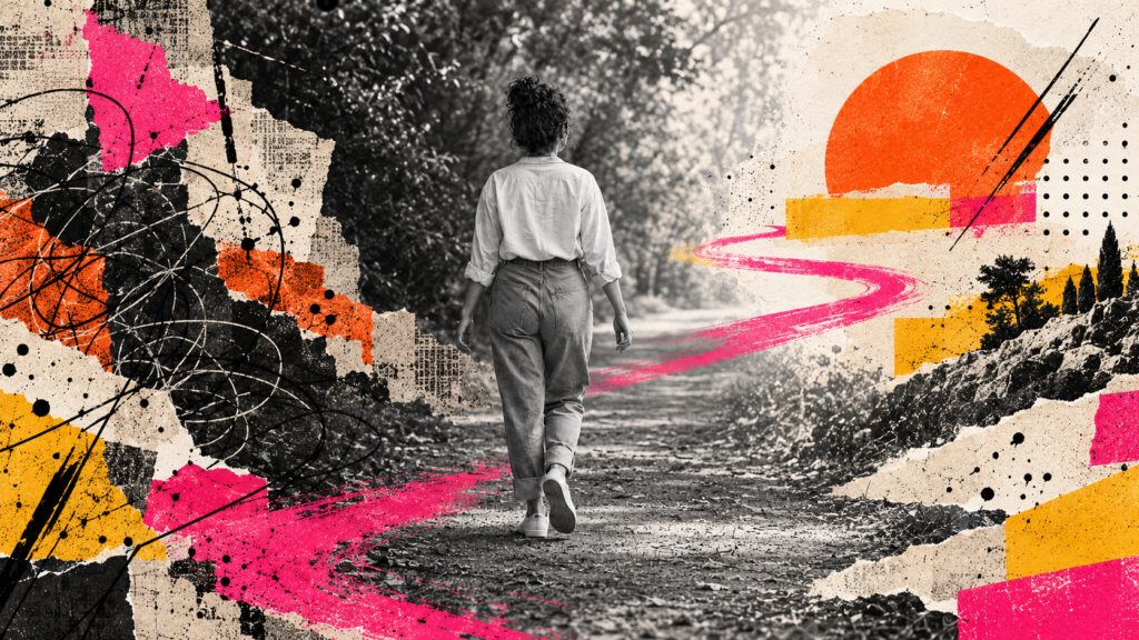 Femme avançant sur un chemin entre lignes emmêlées et formes colorées, symbolisant le passage de la confusion vers davantage de clarté