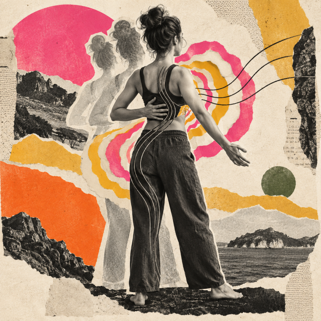 Femme en mouvement entourée de lignes et de formes colorées symbolisant le souffle et les sensations corporelles