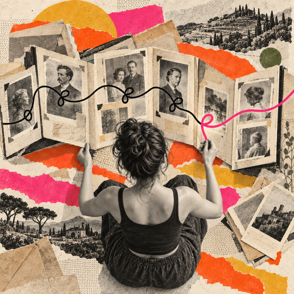 Femme observant des photographies familiales reliées par un fil, symbolisant les répétitions et transmissions entre les générations