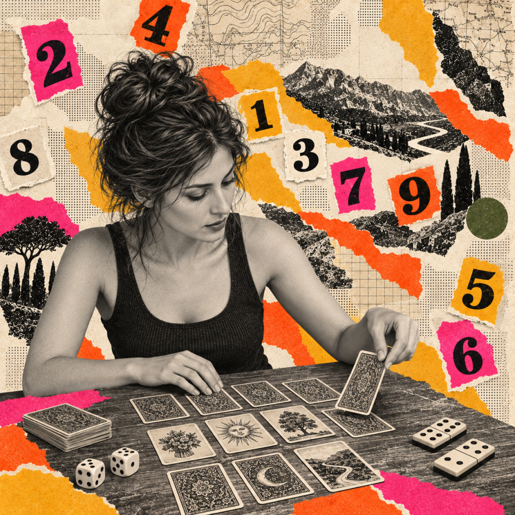 Femme tirant une carte parmi un étalement, entourée de chiffres, de dés et de dominos symbolisant la guidance intuitive et la numérologie