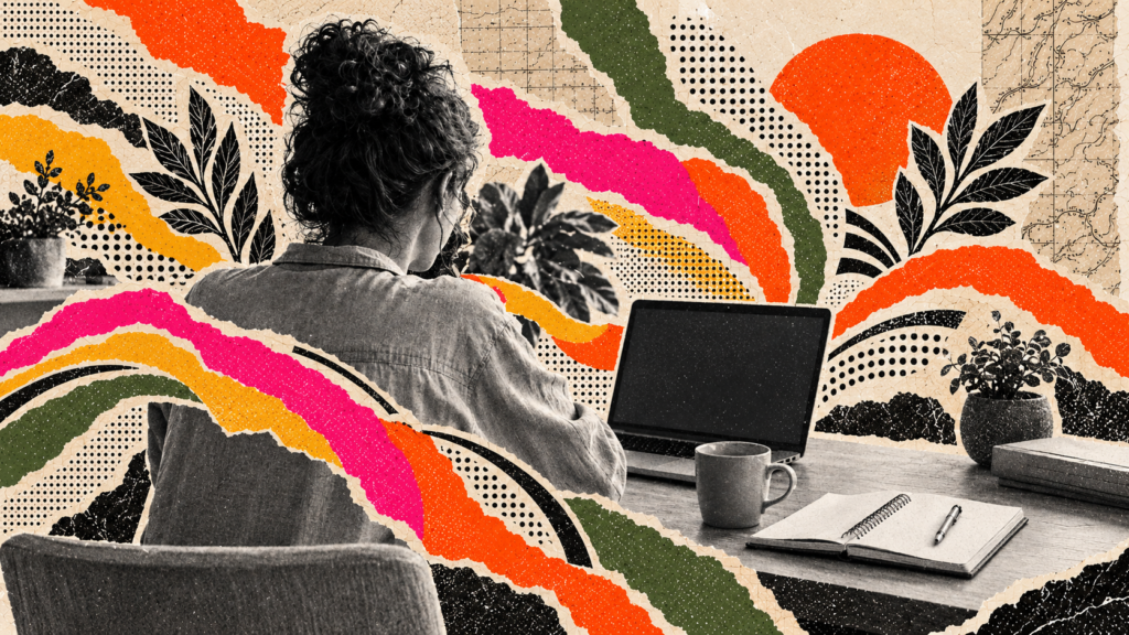 Femme travaillant sur un ordinateur, entourée de formes colorées symbolisant les idées, la création et la communication