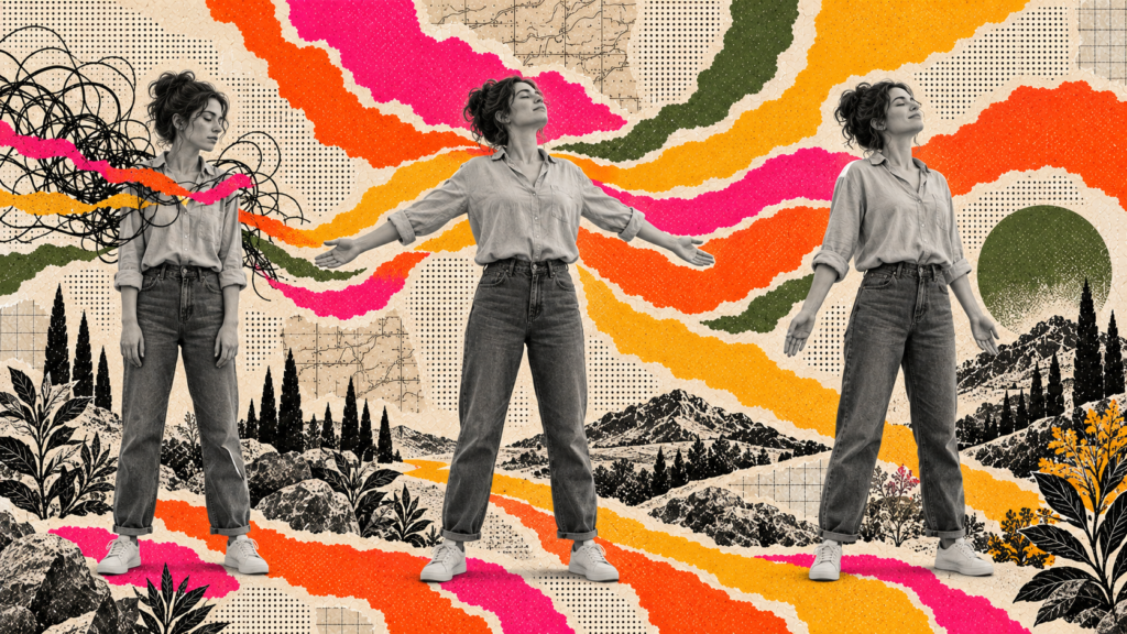 Trois postures successives d’une femme passant de la tension à l’ouverture, symbolisant l’évolution au cours d’une séance de sophrologie