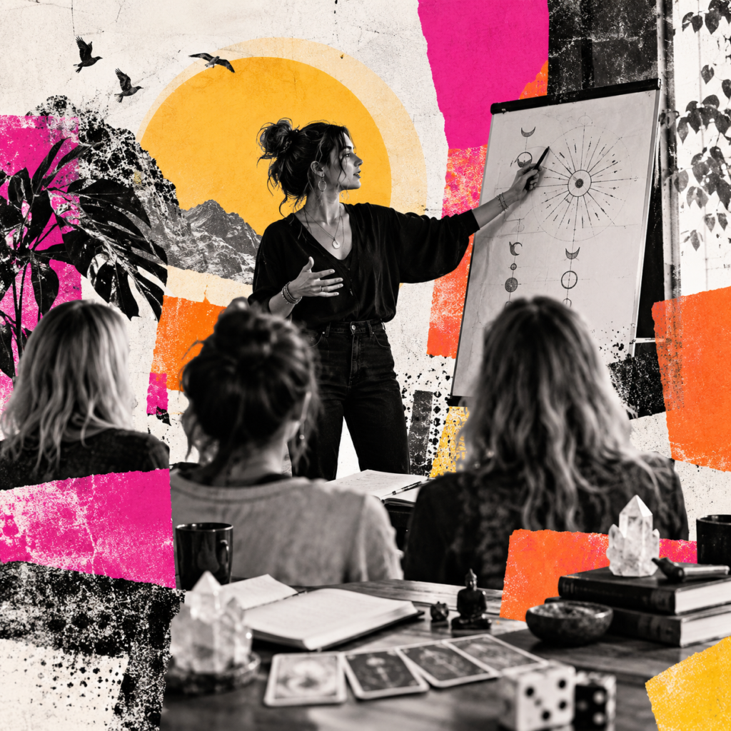 Ateliers, formations et événements Douze12 : trois scènes en collage représentant un atelier créatif, l’apprentissage et une formation en groupe.