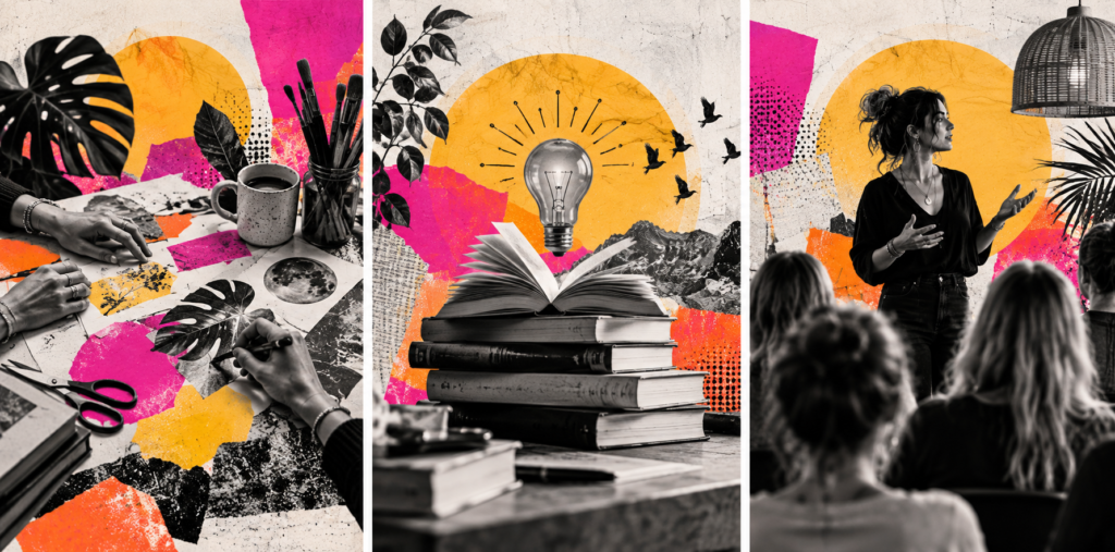Ateliers, formations et événements Douze12 : trois scènes en collage représentant un atelier créatif, l’apprentissage et une formation en groupe.