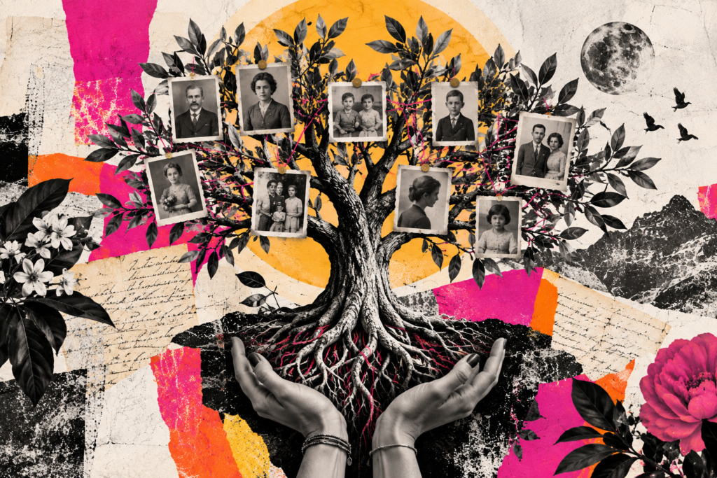 Mains soutenant un arbre généalogique composé de portraits anciens, symbolisant l’exploration de l’histoire familiale
