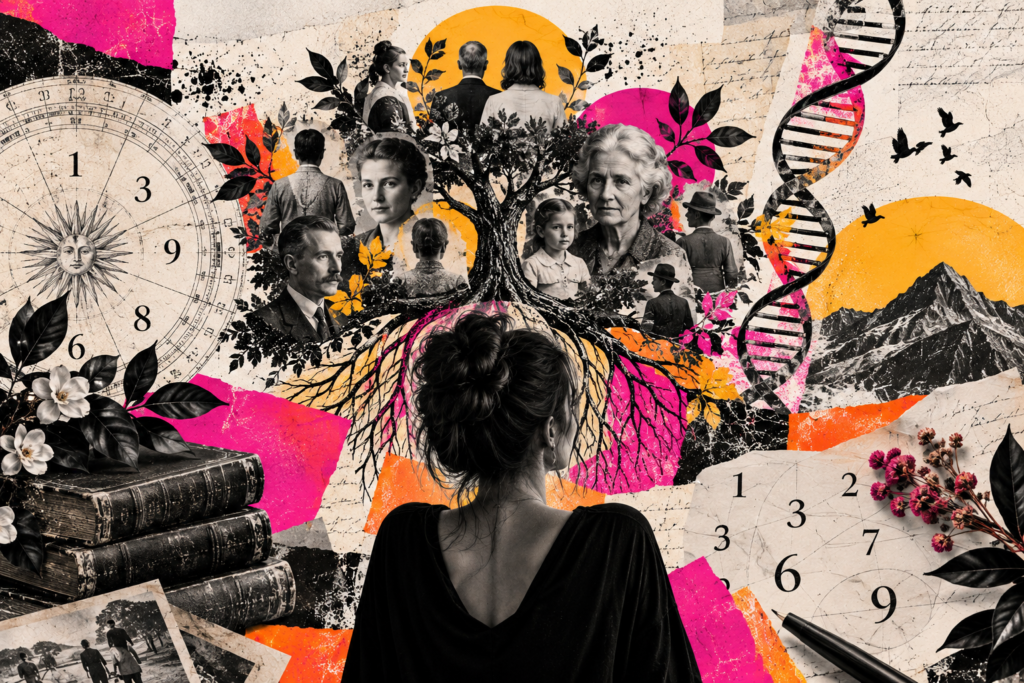 « Psychogénéalogie et numérologie transgénérationnelle : arbre familial, portraits d’ancêtres, racines et chiffres symbolisant l’étude des héritages et transmissions familiales.