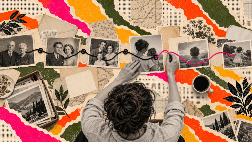 Femme réorganisant des photographies familiales reliées par un fil, symbolisant les répétitions et le repositionnement entre les générations