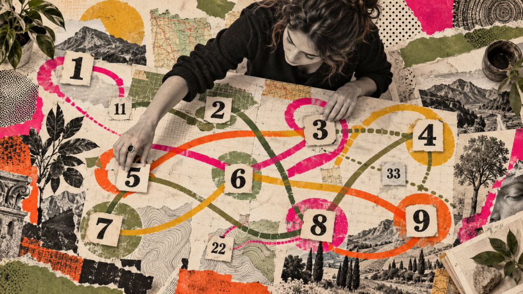 Femme disposant des nombres sur une carte colorée symbolisant le thème numérologique et les cycles personnels