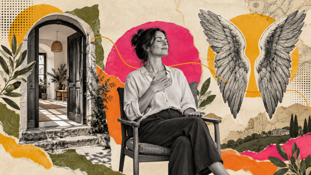 Femme assise les yeux fermés entre une porte ouverte et des ailes d’ange, dans un collage aux couleurs de Douze12