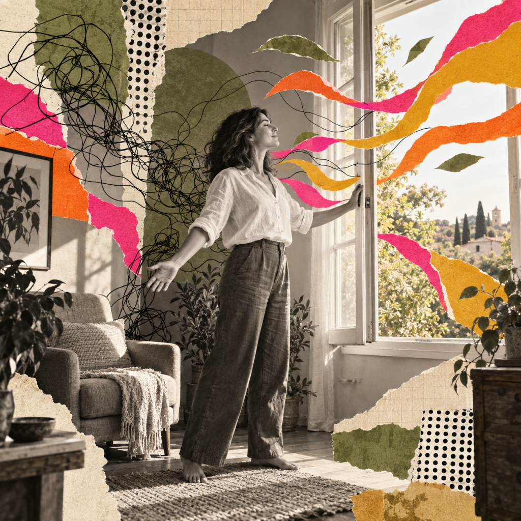 Femme ouvrant une fenêtre, entourée de lignes emmêlées et de rubans colorés symbolisant le nettoyage énergétique d’un lieu ou d’une personne