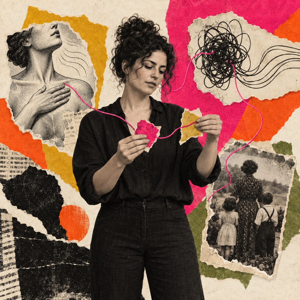 Femme reliant par un fil rose des fragments de papier évoquant le corps, les émotions et l’histoire familiale